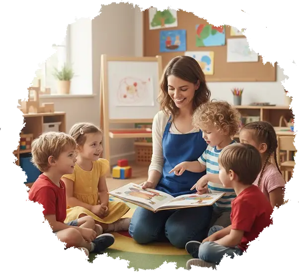 Grupa dzieci siedzących z opiekunem w sali zabaw w przedszkolu w Krakowie